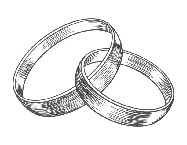 Sketch style wedding rings. Black and white illustration for Valentines day. Symbols of love and fidelity. Male and female ring interlocked with each other