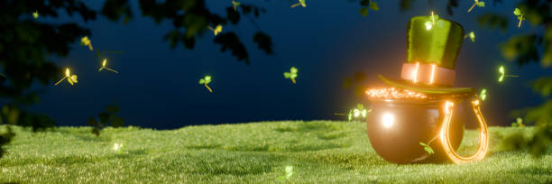 istock A glowing pot with a green top hat, celebrating St. Patricks Day amidst a magical grassy landscape. 3d rendering 2192631612