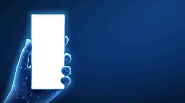 istock Digital hand hold mobile phone with blank screen on blue background. Smartphone app 2192632222