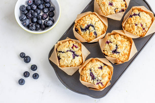 Blueberry Muffins in a Baking Tray Directly Above Photo