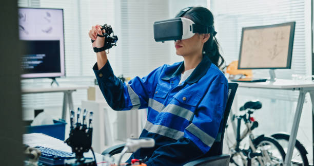 Generated image Young female engineer using virtual reality to design and control robotics arm in tech lab. Smart glasses analyze, and simulate AI and automated systems. AI and Robotics Development concept. students in chemistry lab stock pictures, royalty-free photos & images