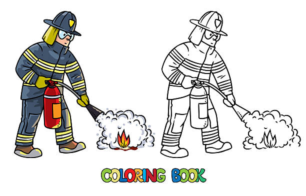Firefighter with a fire extinguisher Coloring book Firefighter in helmet and uniform extinguishes a fire with a fire extinguisher. Children vector illustration. Fire engine team. Coloring book drawing of a fireman hats stock illustrations