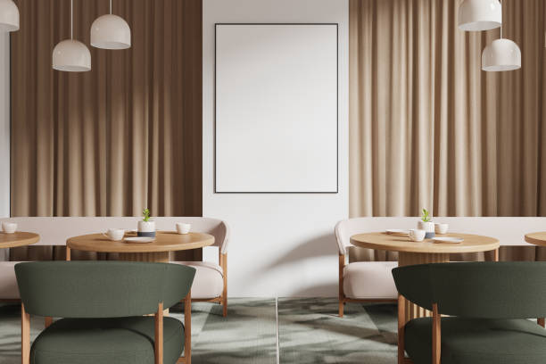 istock Blank poster mockup on a white wall surrounded by elegant seating in a modern cafe setting. 3D Rendering 2192654603