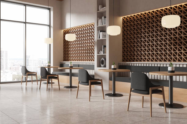istock Modern dining area with wooden accents and geometric wall design. 3D Rendering 2192655150