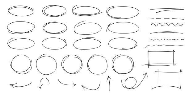 Hand drawn highlight, arrows, text underline strokes and emphasis marks. Set of Sketches of ellipse, rectangle, square, oval and mark. Collection of brush doodle elements and shapes for message notes