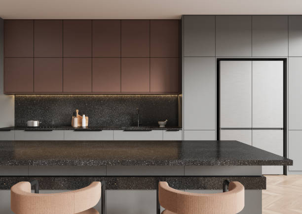 istock Dark home kitchen interior with bar island and sink, fridge and kitchenware 2192655254