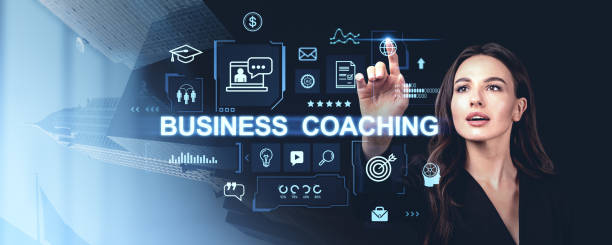 istock Business coaching concept with a woman touching virtual icons on 2192656229