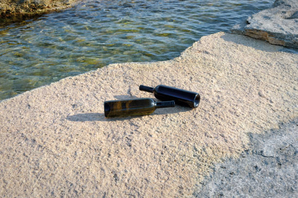 Two black bottles are positioned on sunlit rocks next to clear water, creating a tranquil atmosphere on the shore during a warm afternoon.