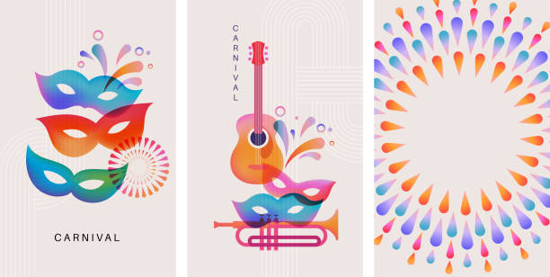 Carnival vertical banners with guitar, masks and fireworks. Colorful vector templates for social media stories.