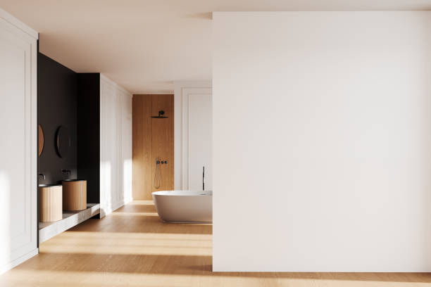 istock Minimalist bathroom interior with blank white wall and natural lighting. 3D Rendering 2192656581