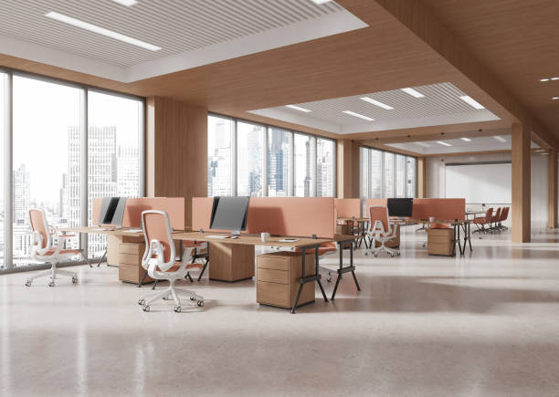 istock Stylish office interior with coworking and meeting zone, panoramic window 2192656627