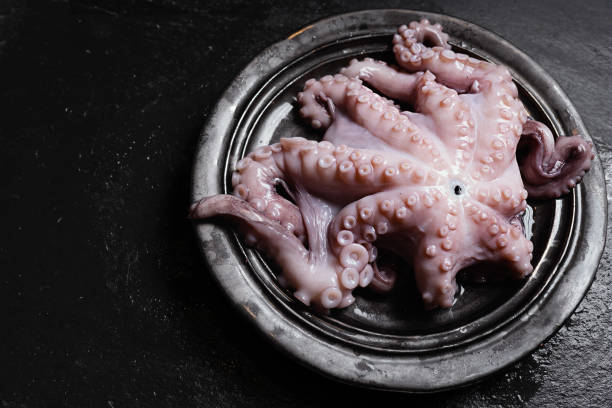 istock Fresh octopus on dark plate on table ready for cooking 2192659446