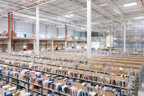 Organized storage racks in large supply chain warehouse