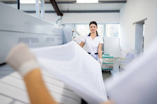 istock Industrial sheet or linen ironing service. Laundry roller iron. 2192661010