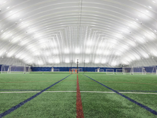 Wide angle view of an empty  Indoor soccer field of a soccer dome