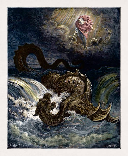 The Destruction of Leviathan Engraving depicting the Destruction of Leviathan made in 1866 by Gustave Doré to illustrate a new edition of the Holy Bible. sea monster stock illustrations