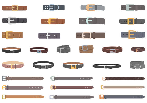 Belt icons set cartoon vector. Buckle leather Belt icons set cartoon vector. Buckle leather. Fashion strap buckle cartoon stock illustrations