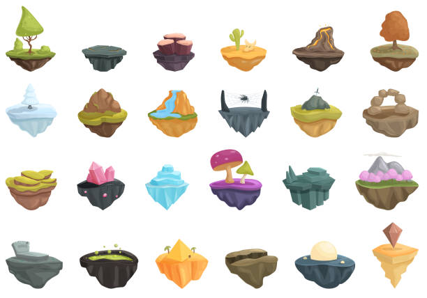 Floating game island icons set cartoon vector. Land fantasy platform Floating game island icons set cartoon vector. Land fantasy platform. Nature landscape game. fantasy island waterfall stock illustrations