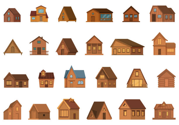 Wooden cabin icons set cartoon vector. Wood tree house. Pine forest village