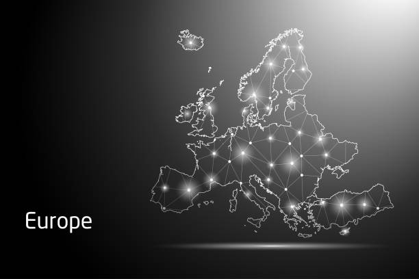 Abstract Mash Line and Point Scales on The Dark Gradient Background With Map of Europe. 3D Mesh Polygonal Network Connections. Abstract Mash Line and Point Scales on The Dark Gradient Background With Map of Europe. 3D Mesh Polygonal Network Connections. Vector illustration eps 10. europe map white stock illustrations