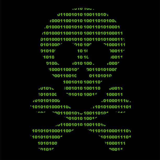 vector illustration skull skeleton cross bone binary code virus hacking concept vector illustration skeleton shape skull with crossbones, numbers 0 and 1 of binary system, in the concept of hacker and computer or technological virus software skeleton computer stock illustrations