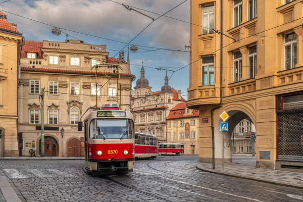 Prague, Czech Republic - December 20, 2024: Typical Prague Red Tram in Karmelitská Mala Strana