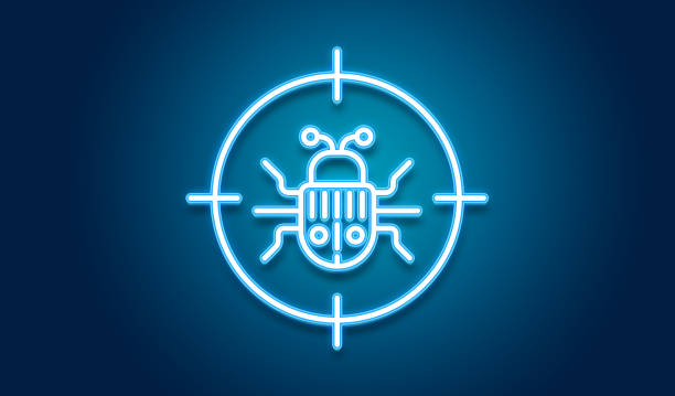 This striking stock photo features a neon blue virus icon in a crosshair on a dark blue background, symbolizing cyber threats and detection. Ideal for tech designs, security warnings, or digital risk projects. Download now to enhance your visuals!