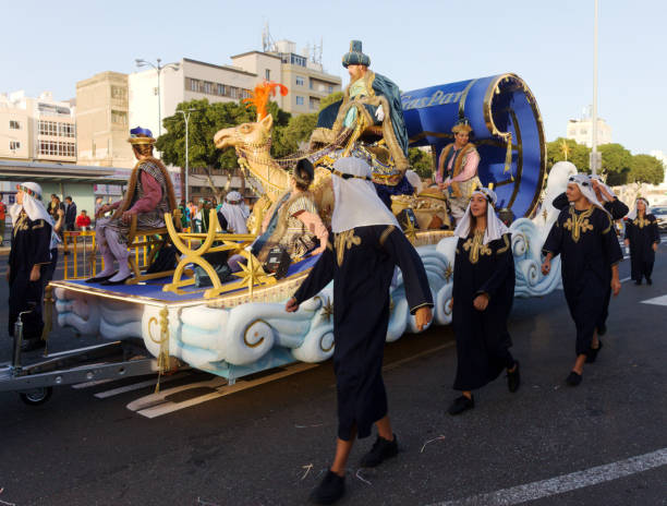 Las Palmas de Gran Canaria, Spain - January 5 2025: Tourists and locals enjoy Cavalcade of Magi, a traditional parade with Three Magi on Epiphany's eve