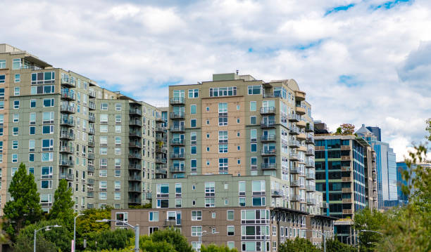 istock Condominium architecture. Architecture building. Residential condominium. Modern condominium building. Architectural building in residential area. Apartment for rent. Building perspective view 2192684215