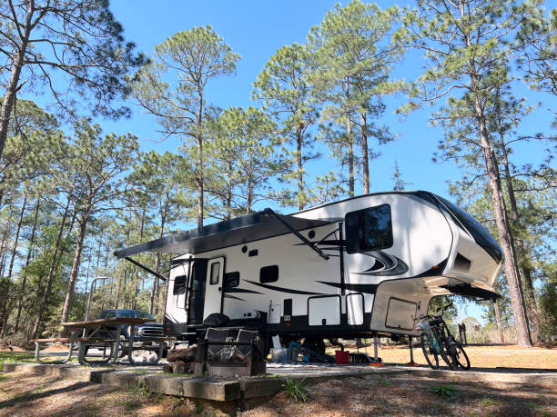 istock A fifth wheel trailer and campsite in the woods. 2192687718