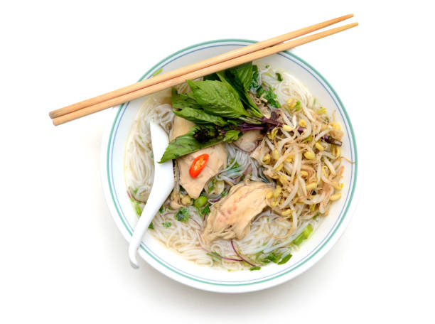 A bowl of hot Vietnamese specialty soup Pho with chicken