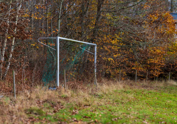 istock Soccer goal on an abandoned field in the forest.. 2192699488