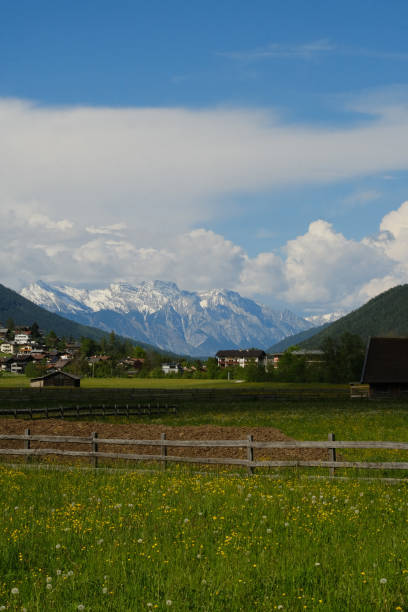 Rural landscape and snowcapped mountains