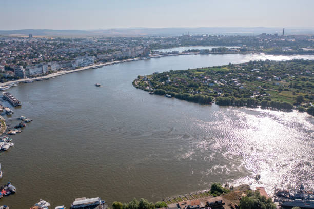 Tulcea port and Danube river in Romania. The Port of Tulcea is one of the largest Romanian river ports