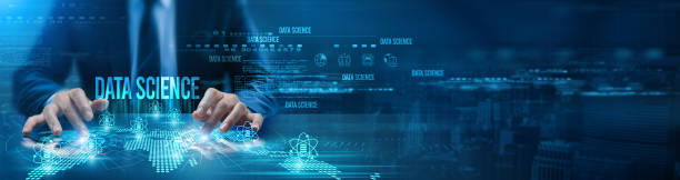 A futuristic digital interface with a focus on the word 'data science'. Hands are interacting with holographic icons representing data science analysis, predictive modeling, data visualization tools. una interfaz digital futurista con un enfoque en la palabra 'ciencia de datos'. las manos interactúan con iconos holográficos que representan el análisis de la ciencia de datos, el modelado predictivo y las herramientas de visualización de datos.