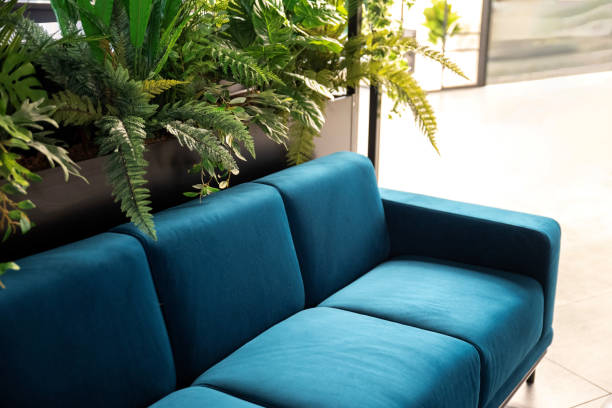 Teal sofa complements a contemporary space filled with plants