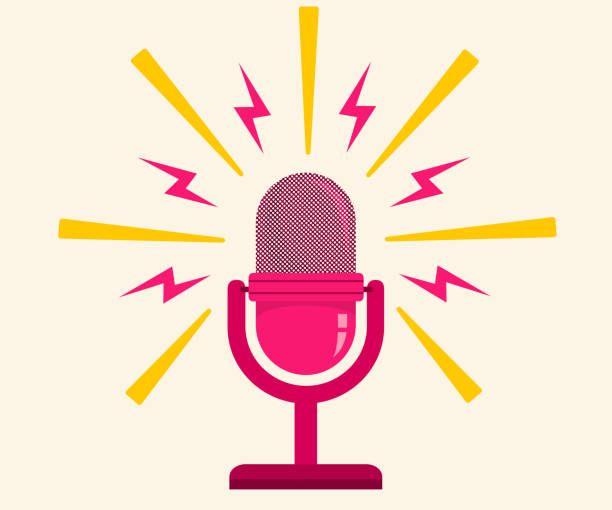 Vintage vector illustration of retro pink microphone in retro style. Retro Microphone icon.