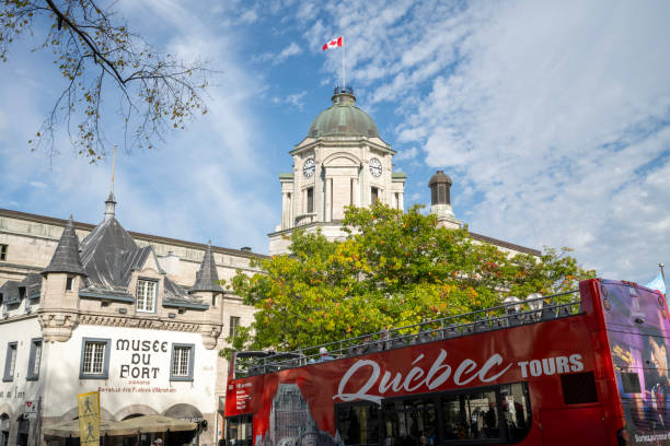 Quebec City, Canada - October 4, 2024. Tourbus stop at the Fort Museum in Quebec City, Quebec, Canada