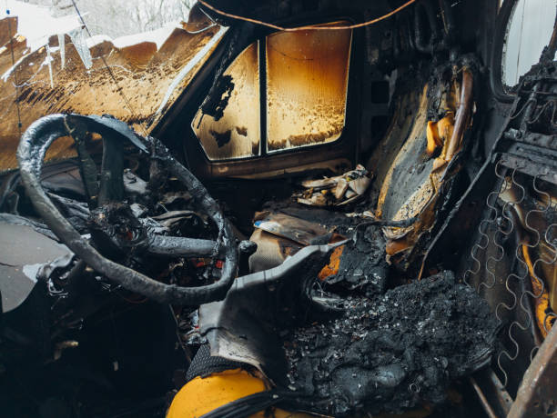 Inside of burnt truck. Fire or attack aftermath