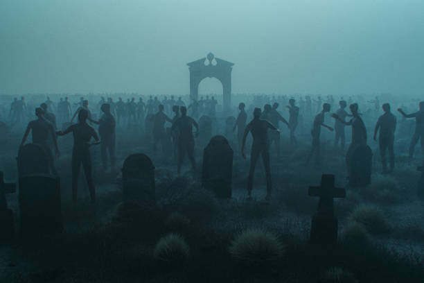 istock Spooky graveyard at night with zombie hordes 2192727489