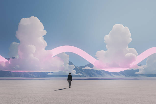 Man walking in surreal landscape. 3D generated image.