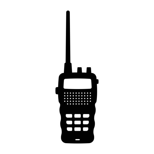 Walkie-talkie with antenna icon. Black silhouette. Front view. Vector simple flat graphic illustration. Isolated object on white background. Isolate. Walkie-talkie with antenna icon. Black silhouette. Front view. Vector simple flat graphic illustration. Isolated object on white background. Isolate. walkie talkie stock illustrations