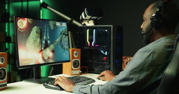 istock Close up of person navigating universe in simulation game on PC 2192740256
