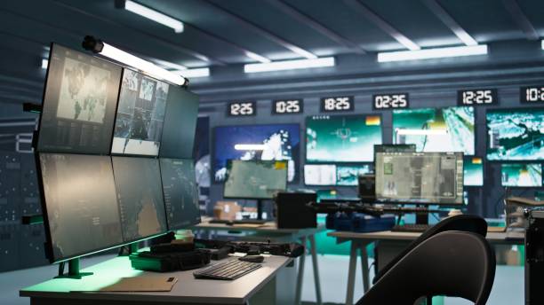 istock Panning shot of empty military base with radar systems tracking enemy 2192741744
