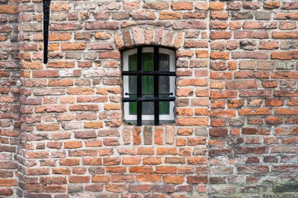 istock Facade view of window with grating iron on brick wall background 2192746026