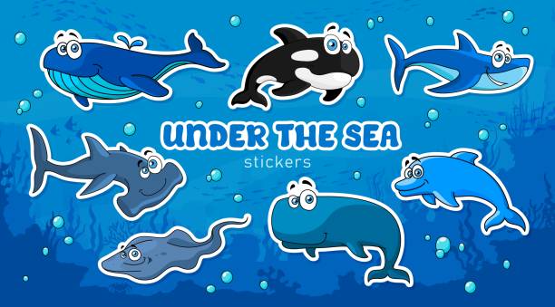 Cartoon whale, shark, ray and dolphin stickers Cartoon underwater animal stickers. Blue whale, killer whale and sharks, manta ray and dolphin vector characters swimming in tropical ocean water waves with coral reef. Underwater animal stickers pack sperm-smiling stock illustrations