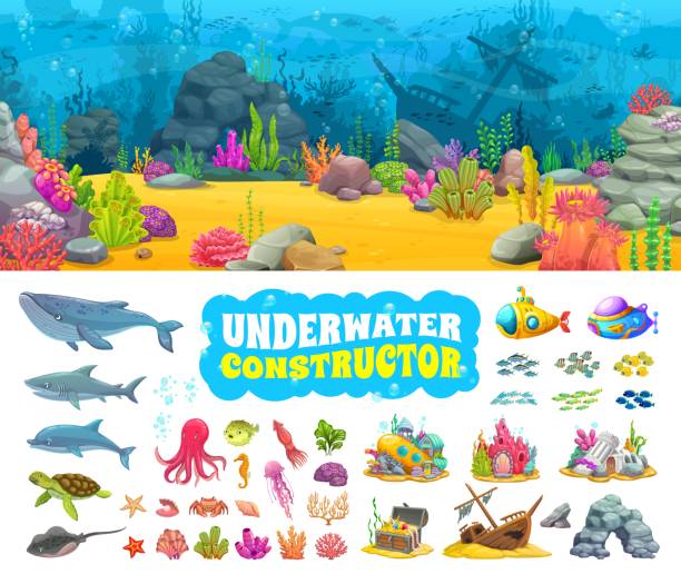 Underwater landscape constructor, game asset kit Underwater landscape constructor, game asset kit with ocean bottom vector elements. Cartoon whale, sea fish, shark and dolphin animals, treasure chest, sunken ship and submarine underwater landscape submarine cartoons stock illustrations