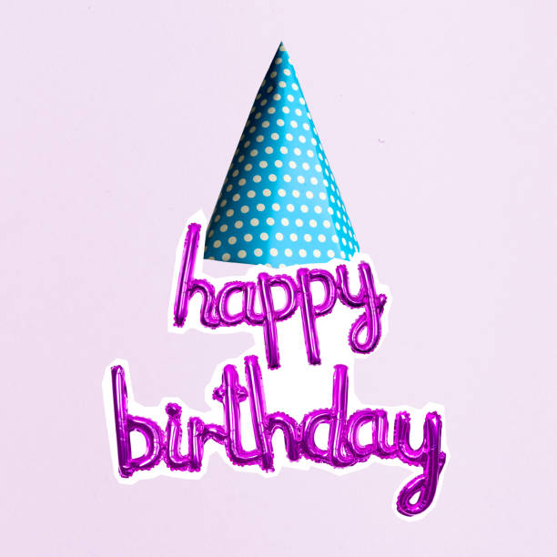 Balloon with the text Happy Birthday and party hat on a colored background. Collage art of Happy Birthday