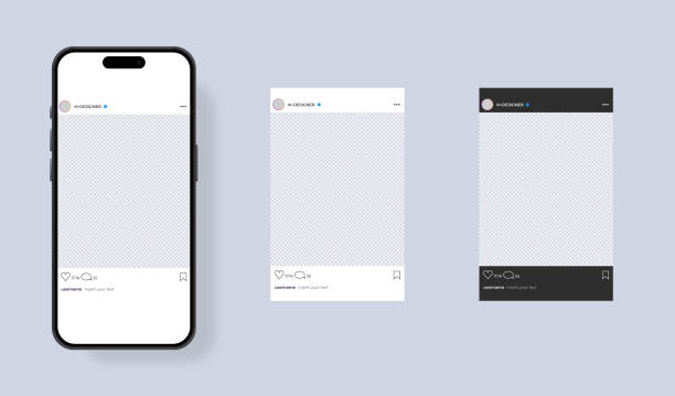 Social media post mock up vector layout template stock illustration Social network smartphone vector mockup. Social media user interface profile design template. feeding stock illustrations