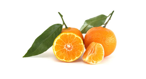 istock Fresh Ripe Mandarin Oranges with Leaves and Slices Displayed on White Background 2192750064